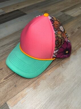 Coral & Mint Floral Trucker Hat with Orange Trim